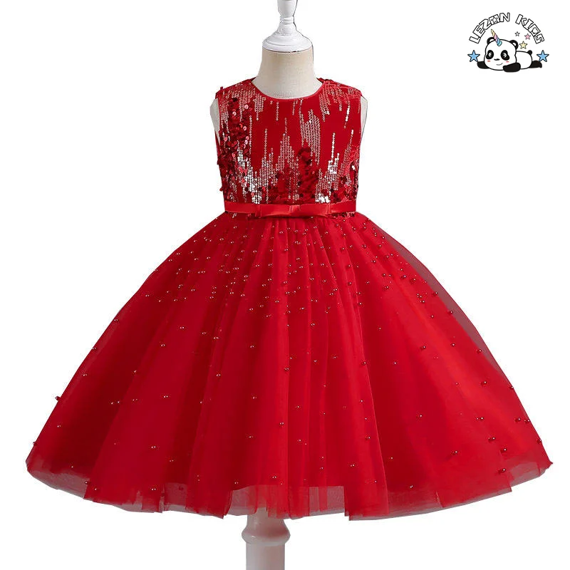 LEZONKIDS - Vestido Poncho de Malha sem Mangas com Lantejoulas Vermelhas para Meninas, Vestido de Gala, Vestido de Performance